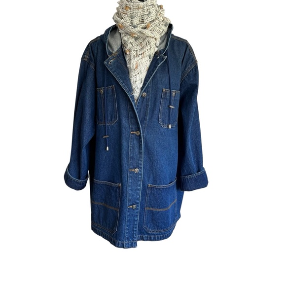 Denim Medium Wash Long Line Hooded Chore Jacket Coat Size 26/28 W - Picture 8 of 16